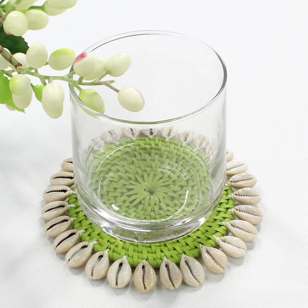 NEW Set of 4-Premium Coasters-Seashell-Trimmed Rattan-Lime Green-Eco Handcraft